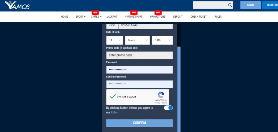 Vamos Bet Registration